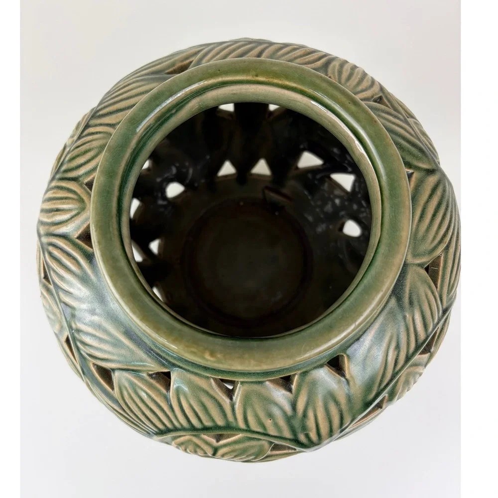 Vintage Green Art Pottery Vase Pierced Openwork Floral Leaf Ceramic
